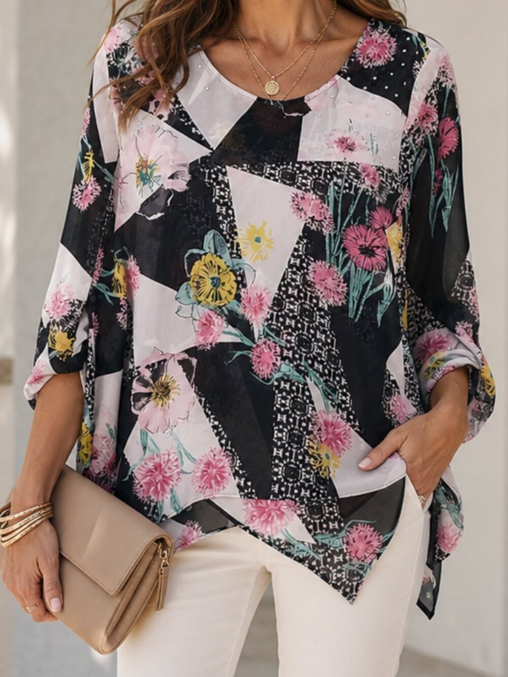 Style & Co Artsy Colorful Flowy Top Size Large Black White Pink Embellished